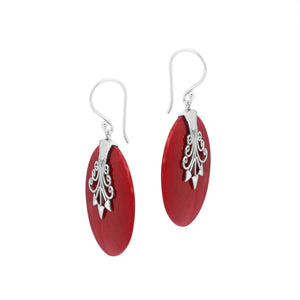 Sterling silver oval Red Coral dangle earrings