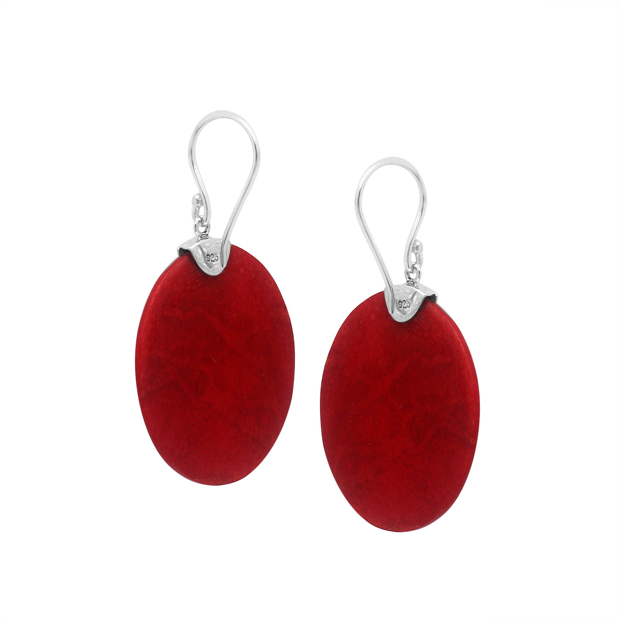 Sterling silver oval Red Coral dangle earrings