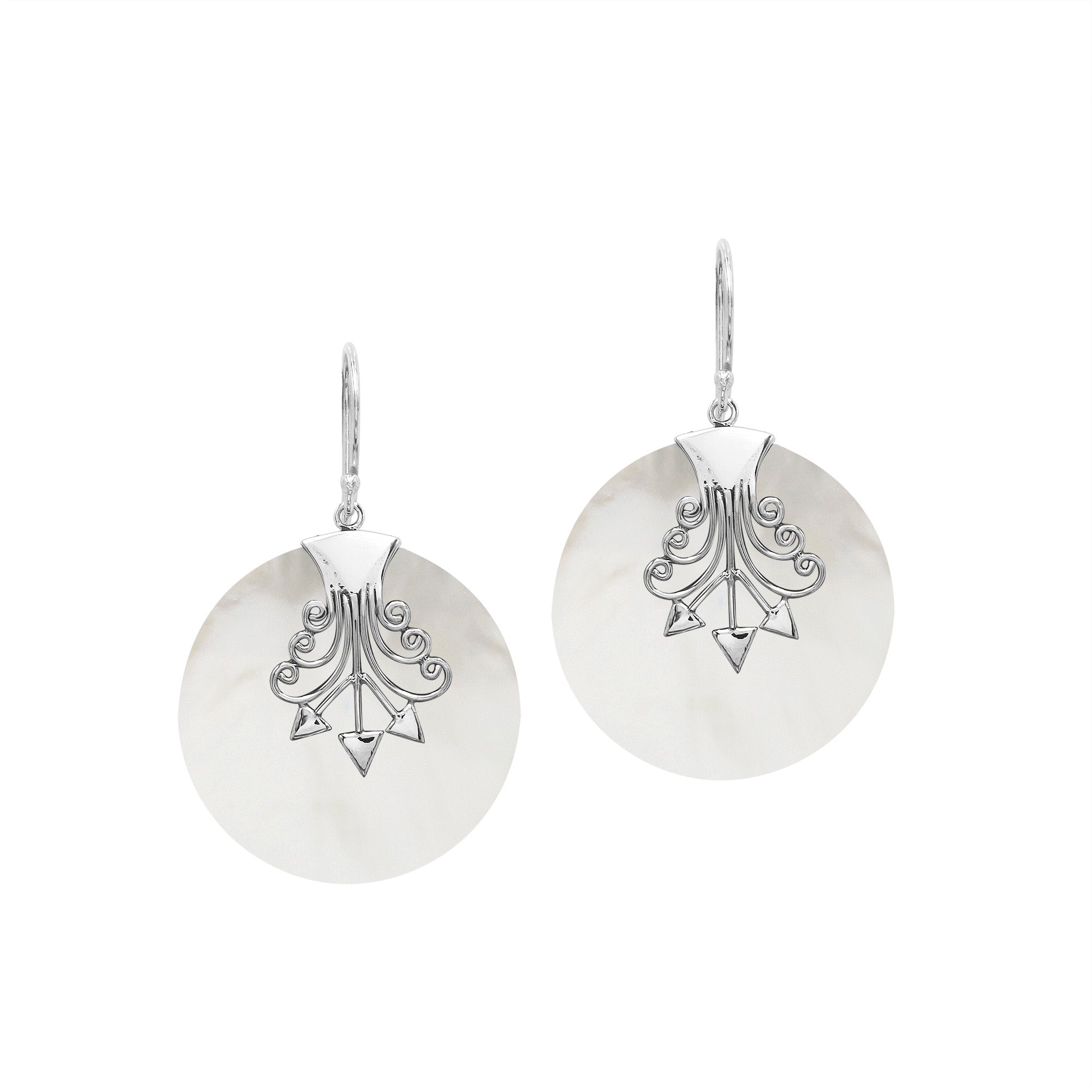 Sterling silver round Mother Of Pearl dangle earrings
