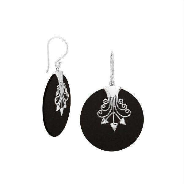 Sterling silver round Black Shell dangle earrings