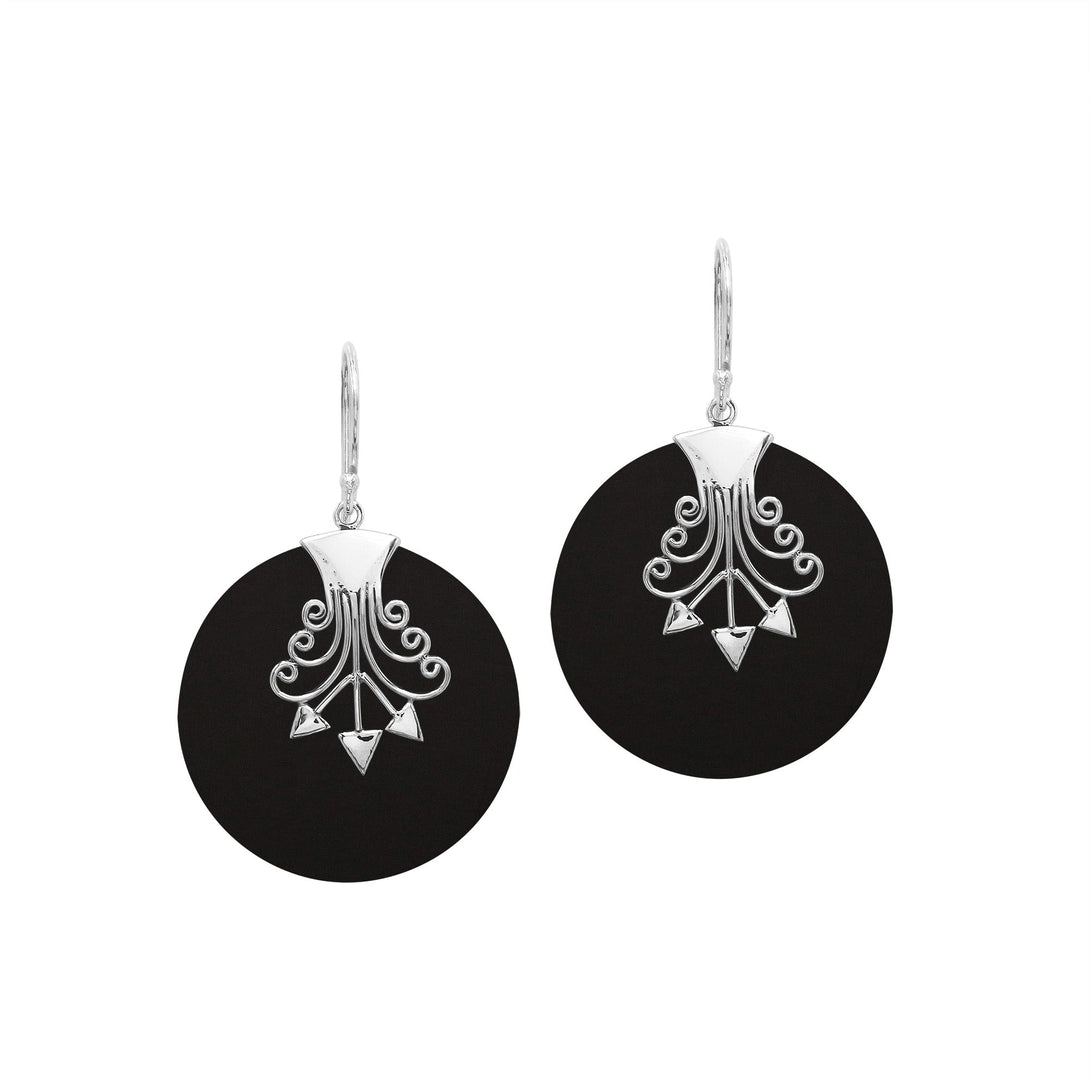 Sterling silver round Black Shell dangle earrings