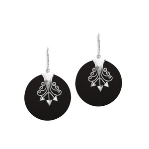 Sterling silver round Black Shell dangle earrings