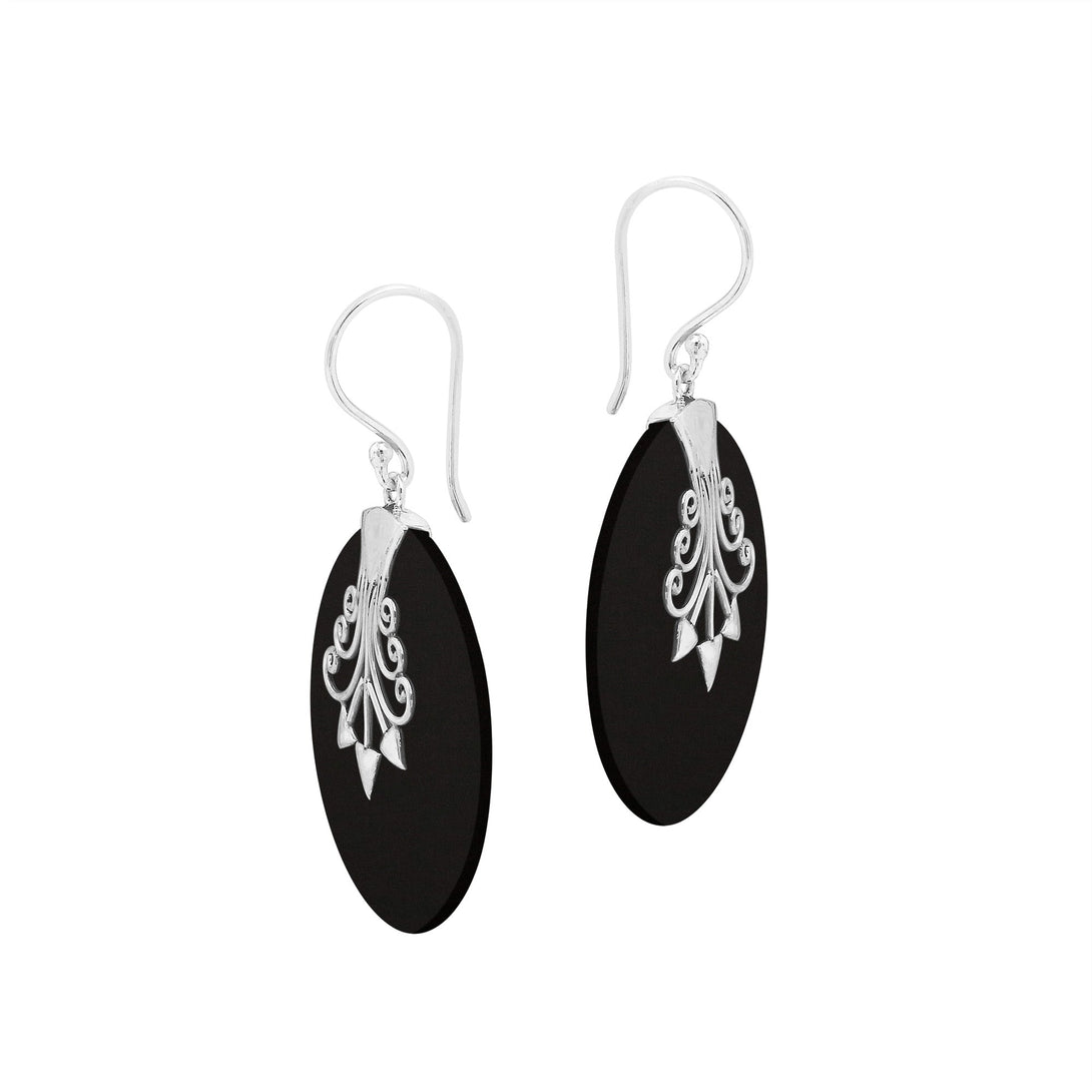 Sterling silver round Black Shell dangle earrings