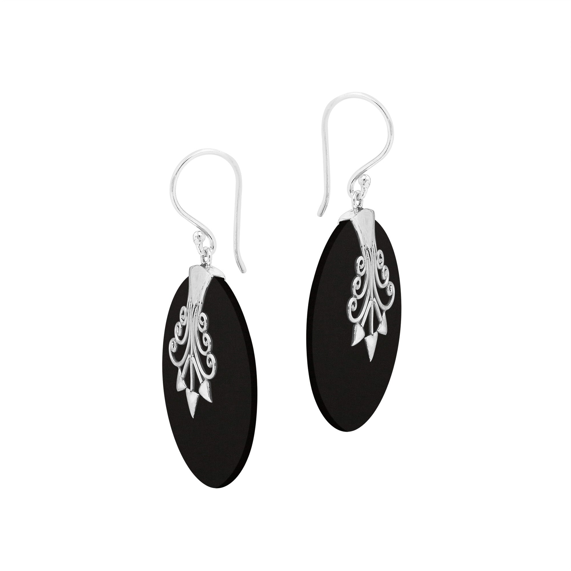 Sterling silver round Black Shell dangle earrings