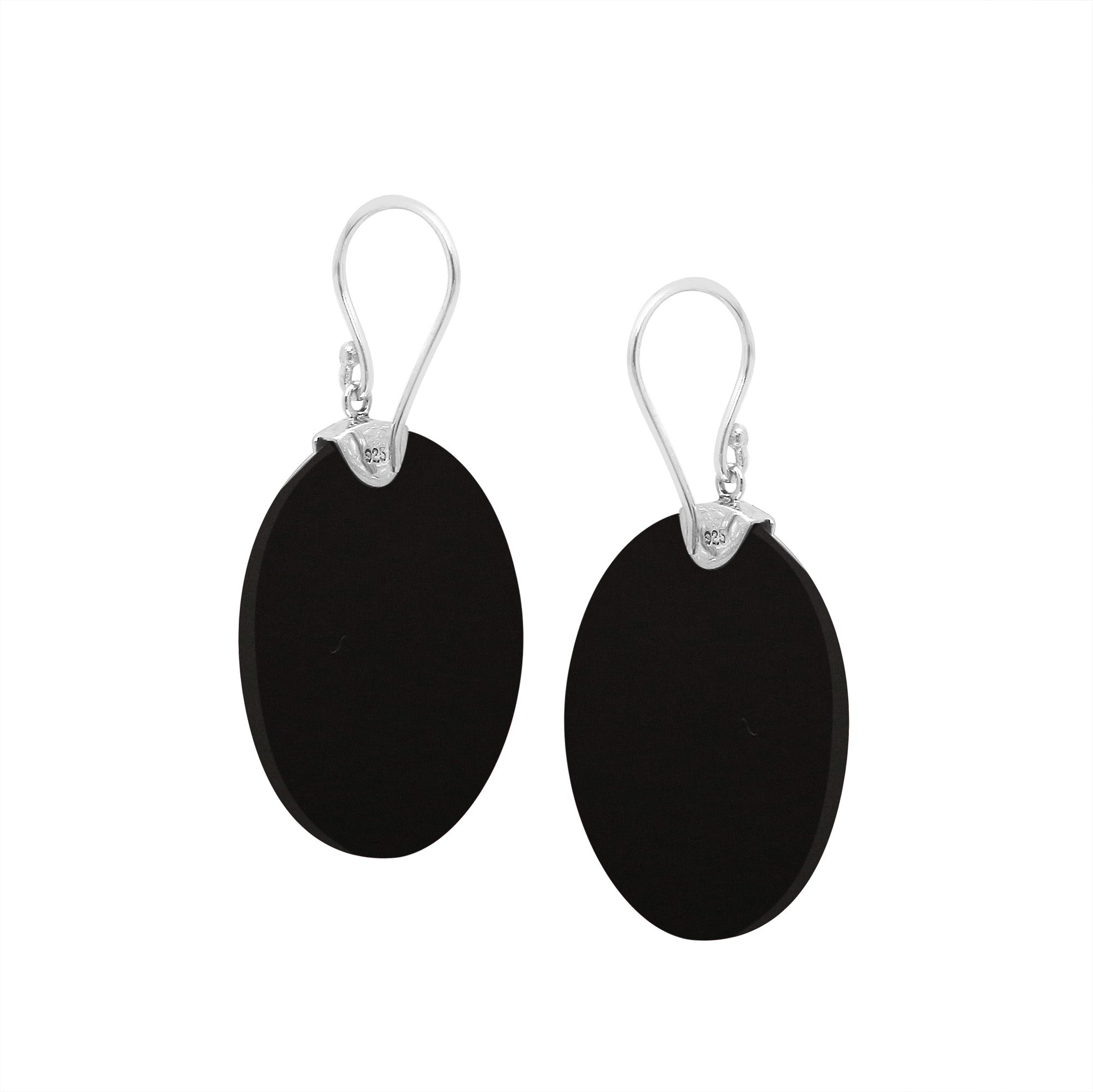 Sterling silver round Black Shell dangle earrings