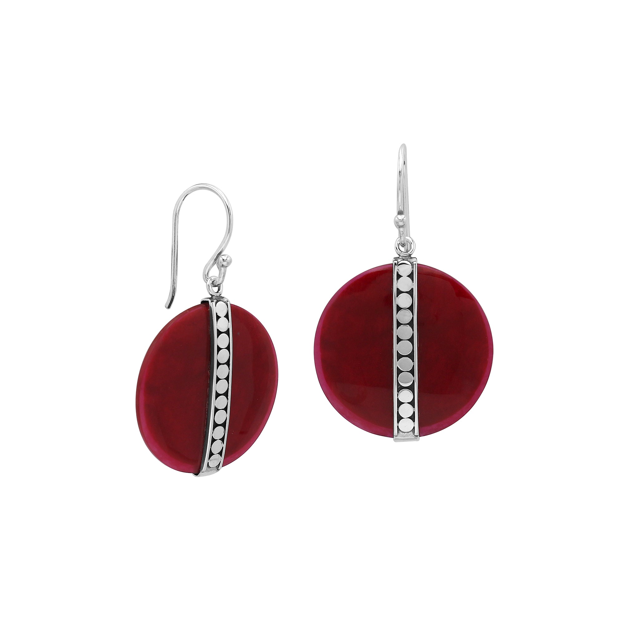 Sterling silver round Red Coral dangle earrings