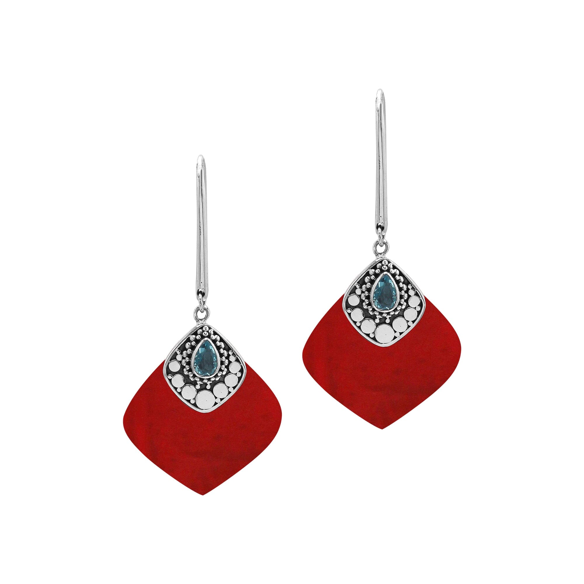 Sterling Silver Earrings With Red Coral And Blue Topaz Quartz Drop Design