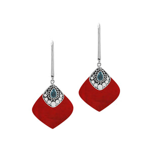 Sterling Silver Earrings With Red Coral And Blue Topaz Quartz Drop Design
