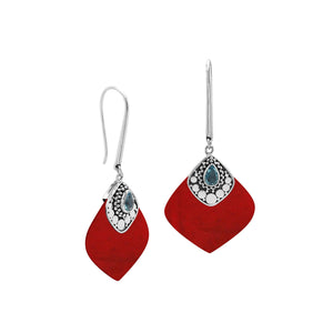 Sterling Silver Earrings With Red Coral And Blue Topaz Quartz Drop Design