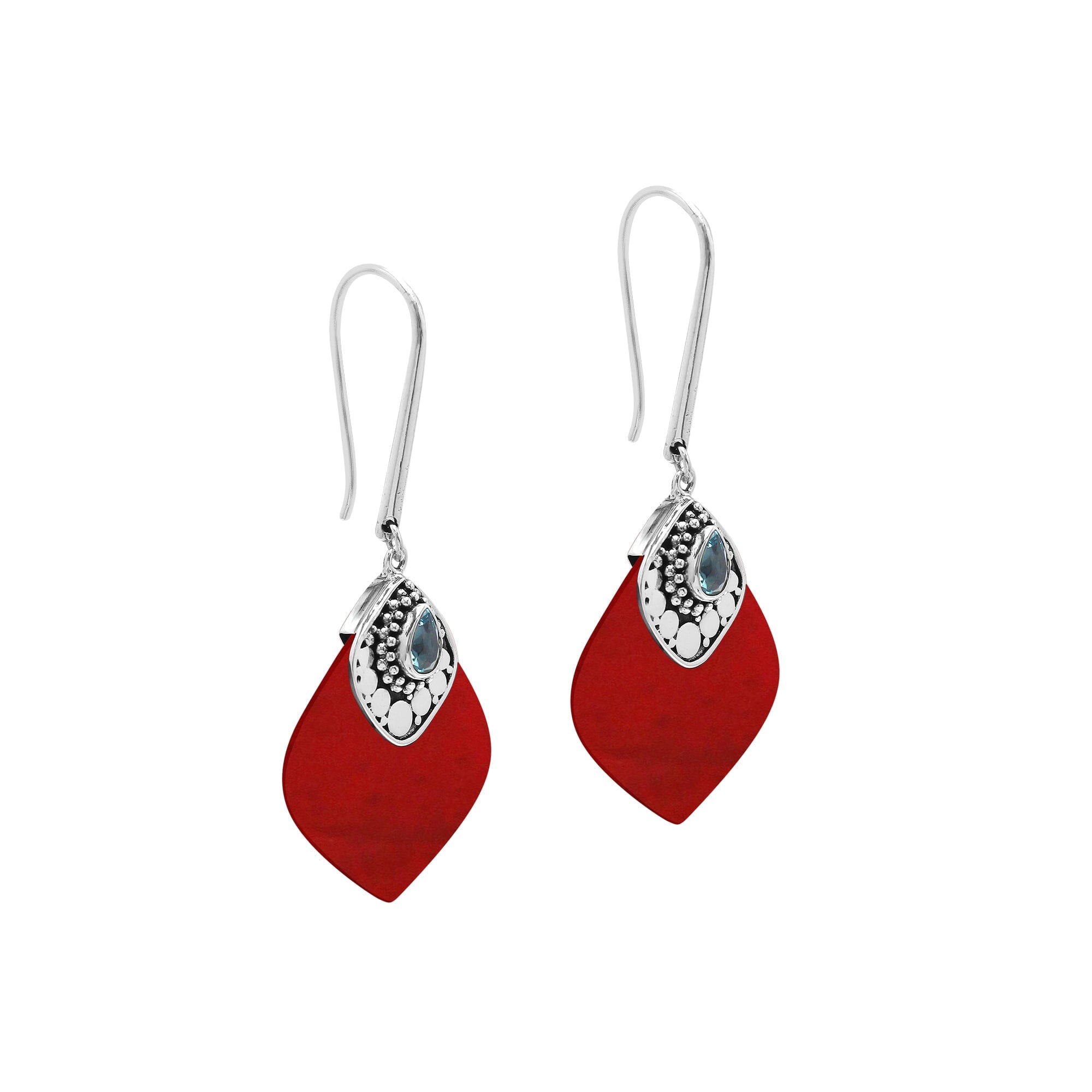 Sterling Silver Earrings With Red Coral And Blue Topaz Quartz Drop Design