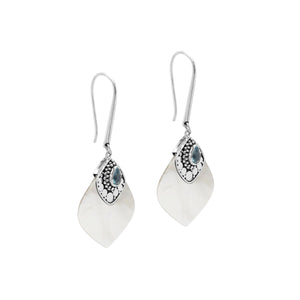 Sterling Silver Earrings With Mother Of Pearl And Blue Topaz Quartz Accent