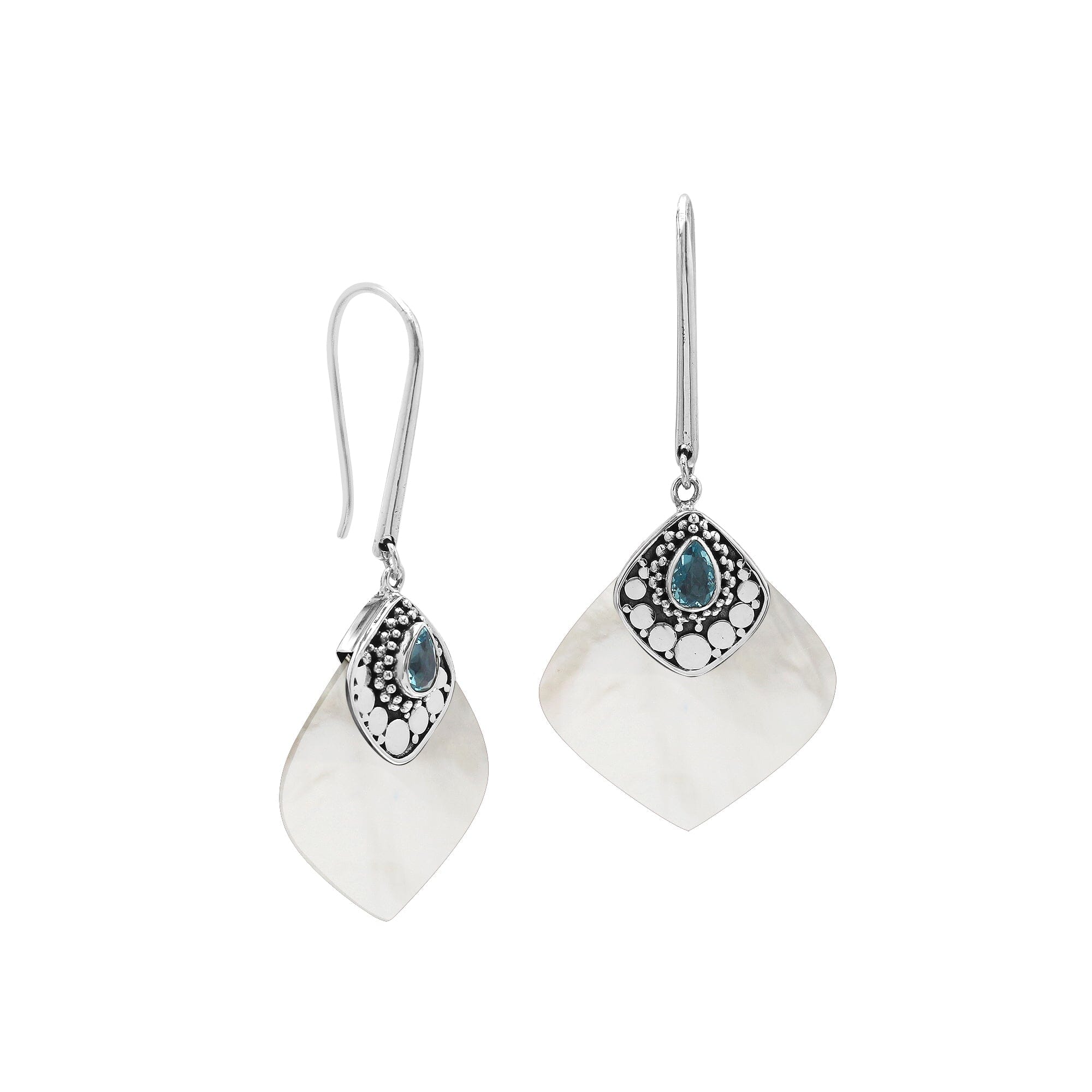 Sterling Silver Earrings With Mother Of Pearl And Blue Topaz Quartz Accent
