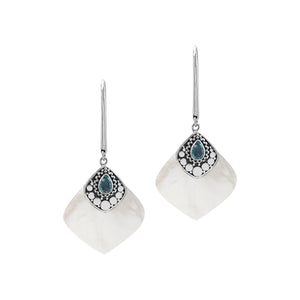 Sterling Silver Earrings With Mother Of Pearl And Blue Topaz Quartz Accent