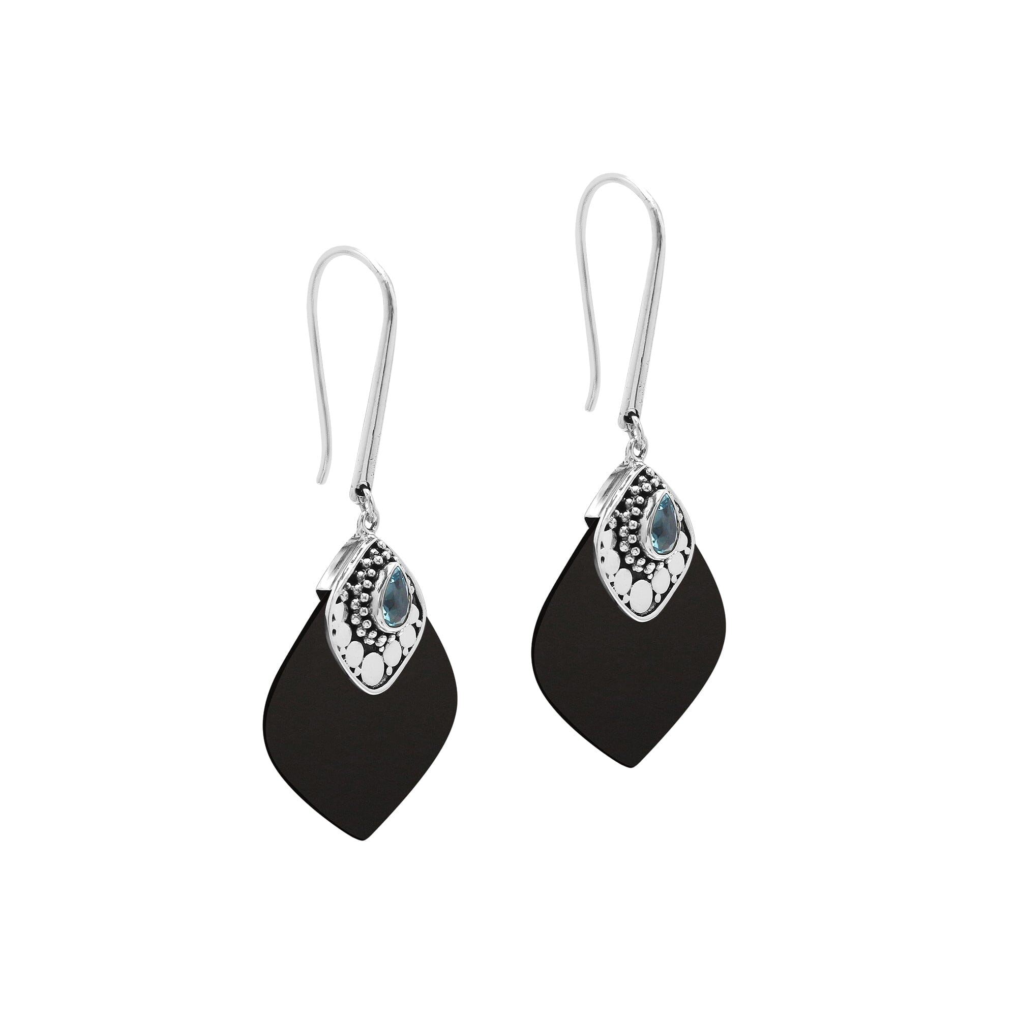Sterling Silver Earrings With Black Shell And Blue Topaz Quartz Diamond Design