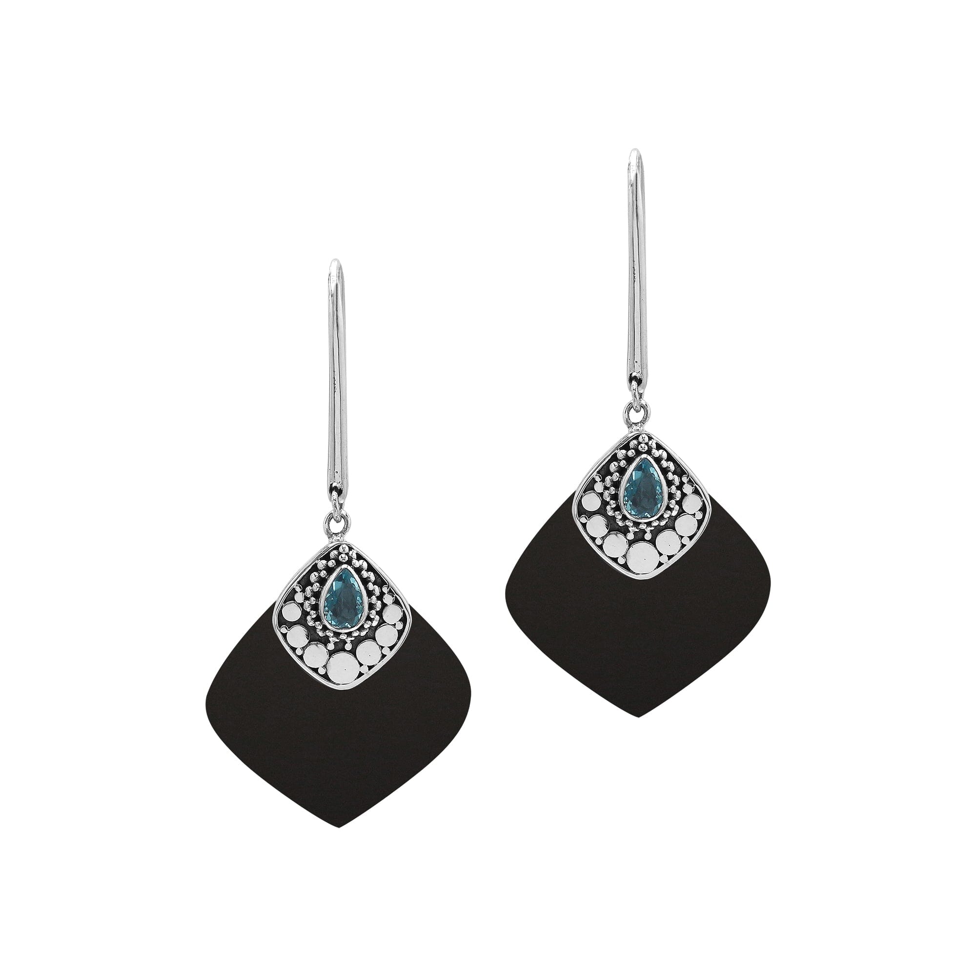 Sterling Silver Earrings With Black Shell And Blue Topaz Quartz Diamond Design