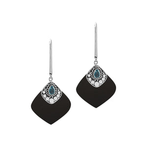 Sterling Silver Earrings With Black Shell And Blue Topaz Quartz Diamond Design