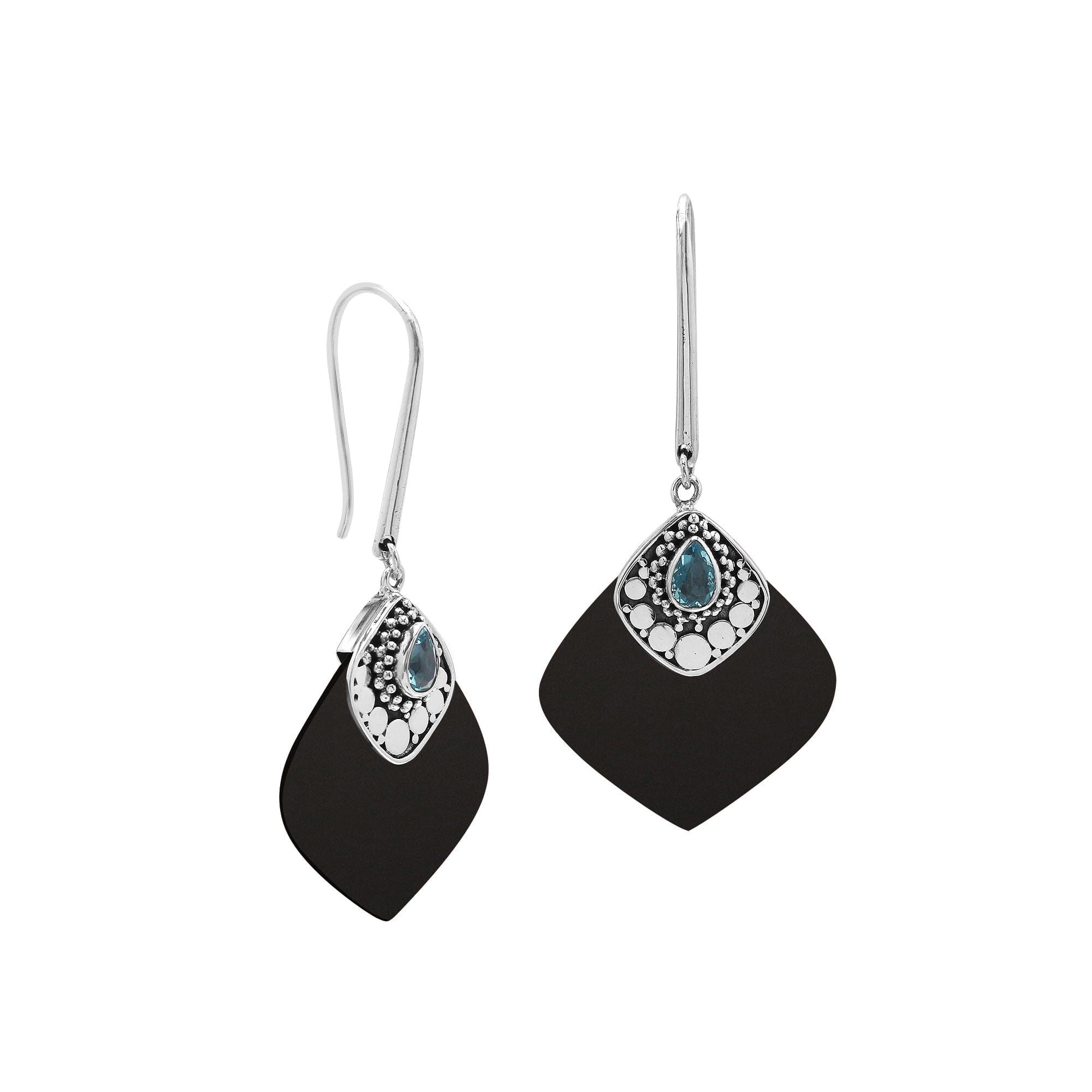Sterling Silver Earrings With Black Shell And Blue Topaz Quartz Diamond Design