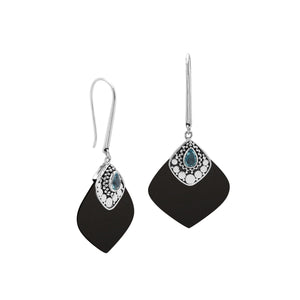 Sterling Silver Earrings With Black Shell And Blue Topaz Quartz Diamond Design