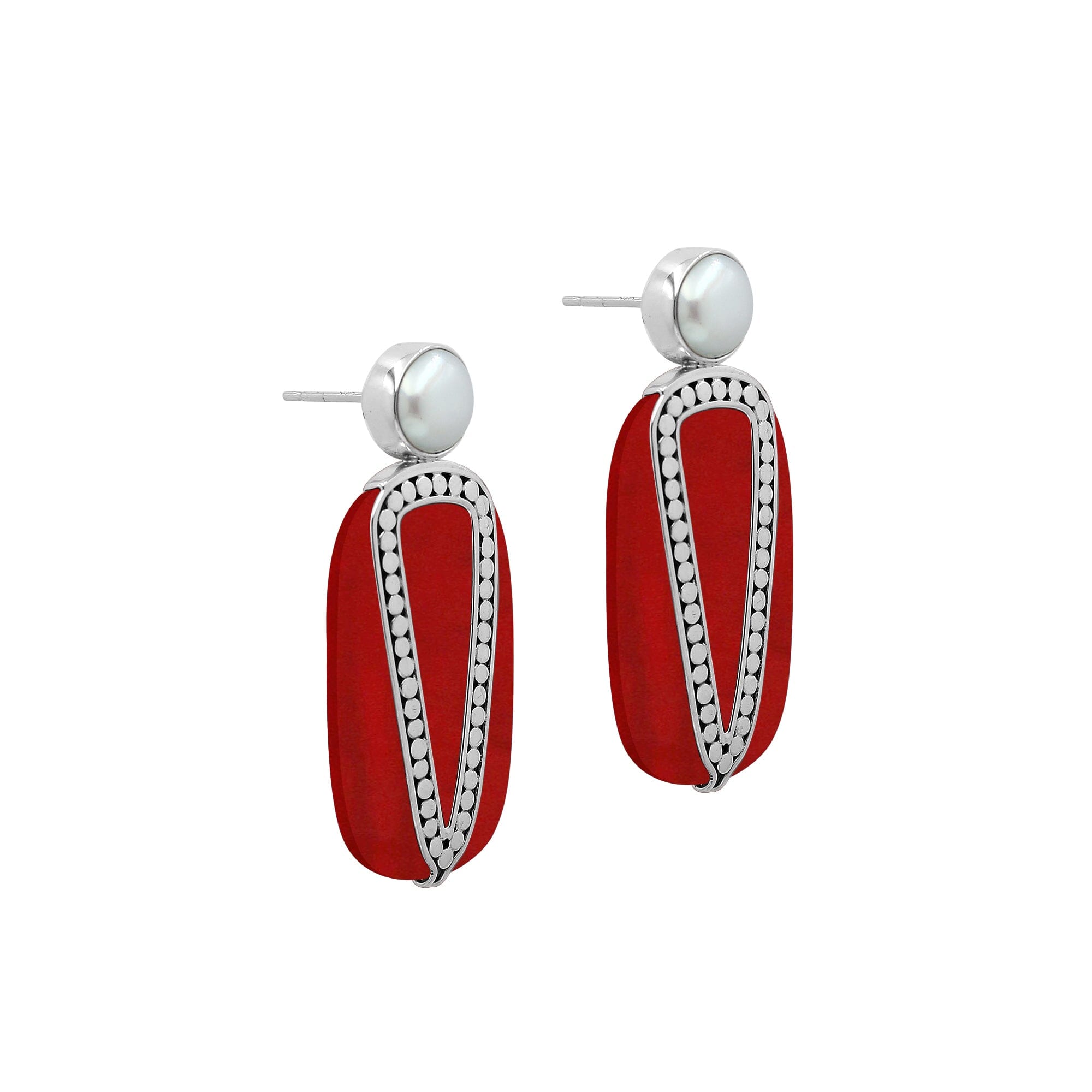 Sterling Silver Earrings With Red Coral And Pearl Accent