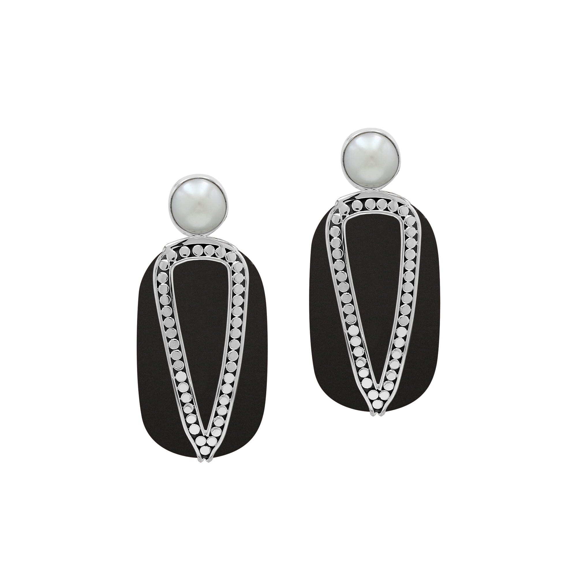 Sterling Silver Earrings With Black Shell And Pearl Accent