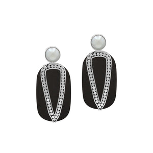 Sterling Silver Earrings With Black Shell And Pearl Accent