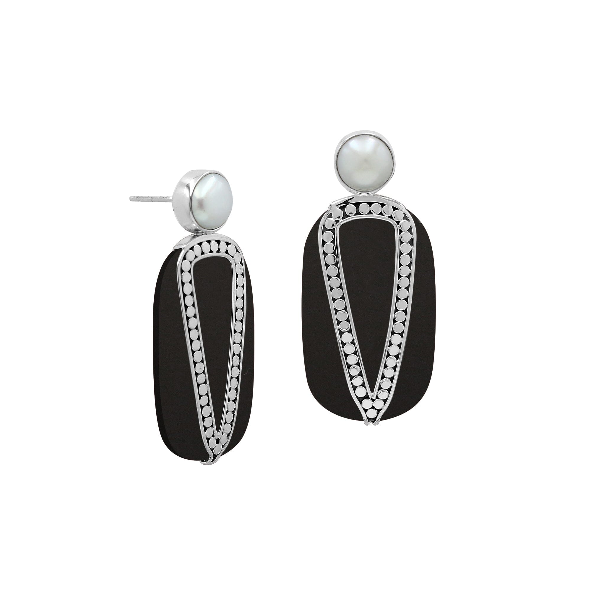 Sterling Silver Earrings With Black Shell And Pearl Accent