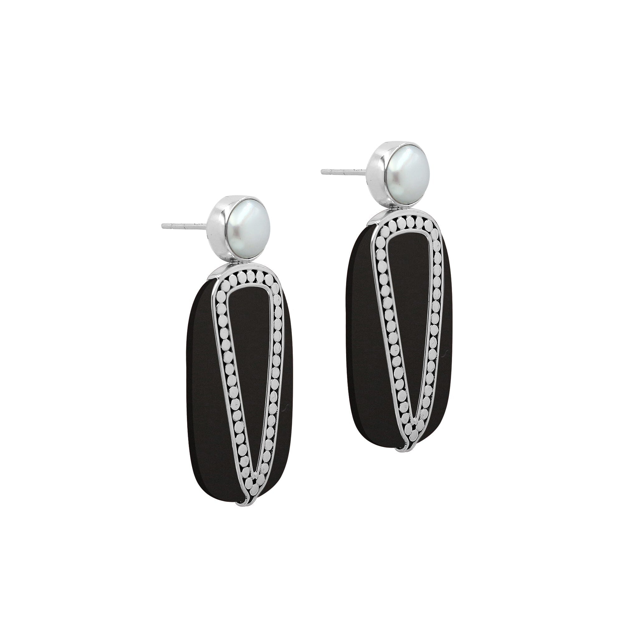 Sterling Silver Earrings With Black Shell And Pearl Accent