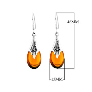 Sterling Silver Amber Teardrop Floral Pattern Drop Earrings
