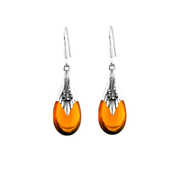 AE-6003-AB Sterling Silver Tears Drop Earring With Amber Jewelry Bali Designs Inc 