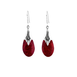 Sterling Silver Red Coral Teardrop Floral Pattern Drop Earrings