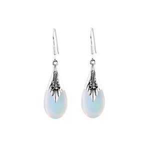 Sterling Silver Opalite Teardrop Floral Pattern Drop Earrings