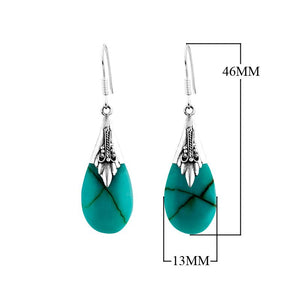 Sterling Silver Turquoise Shell Teardrop Floral Pattern Drop Earrings