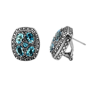 Wholesale sterling silver Blue Topaz Quartz cluster earrings handcrafted in Bali