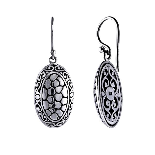 Sterling Silver Oval Filigree Engraved Pattern Drop Earrings