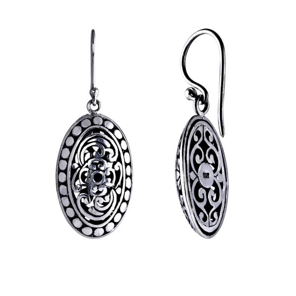 Sterling Silver Oval Filigree Dot Pattern Drop Earrings