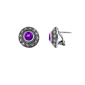 Round Sterling Silver Amethyst Quartz Omega Clip Earrings