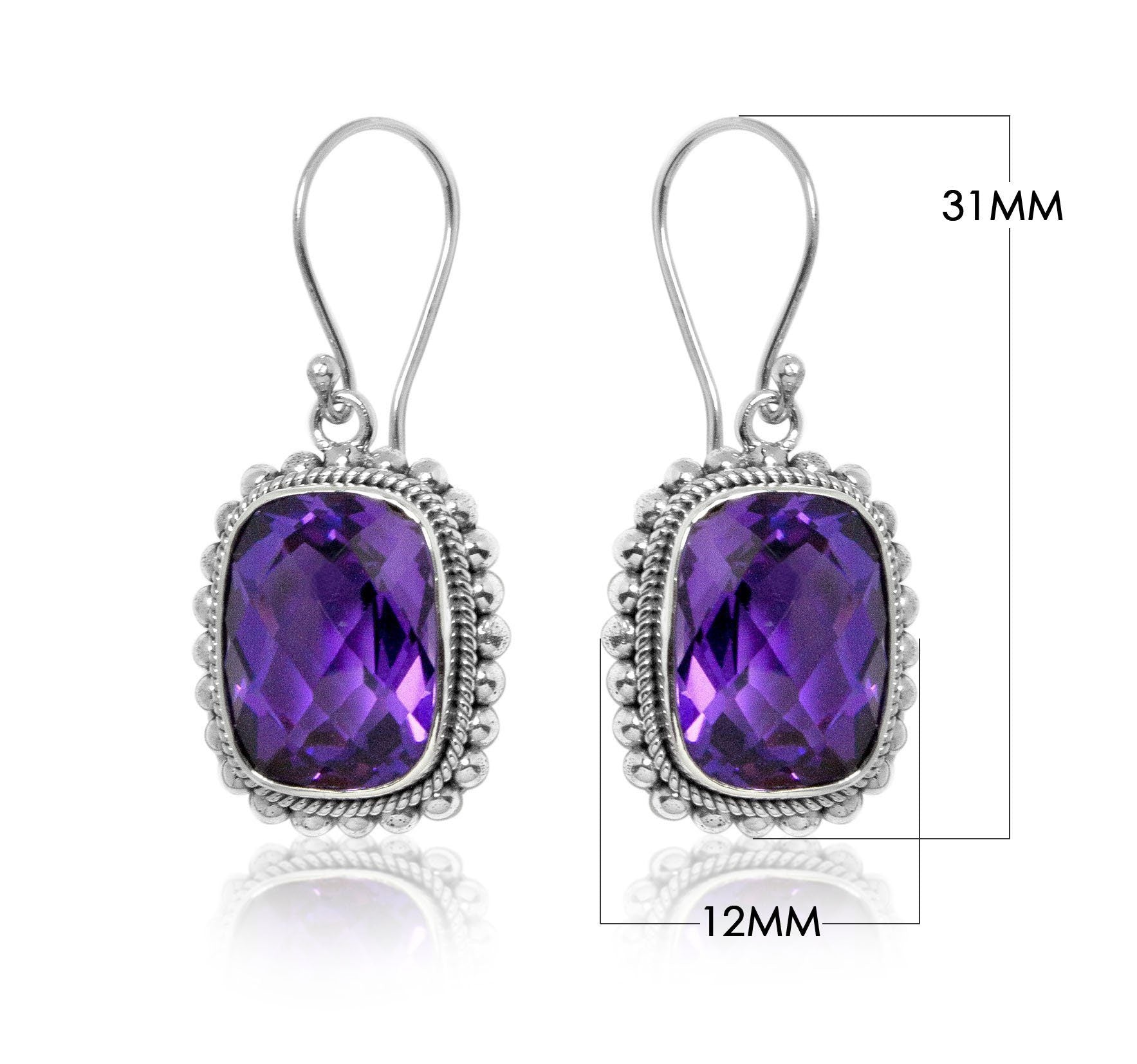 Silver earrings with faceted rectangular Amethyst Quartz and beaded border