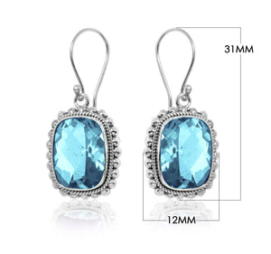 Silver earrings with faceted rectangular Blue Topaz Quartz and beaded edging