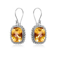 Cushion Citrine Quartz silver drop earrings with artistic beaded frame