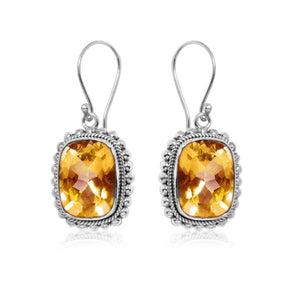 Cushion Citrine Quartz silver drop earrings with artistic beaded frame