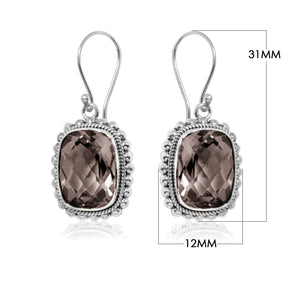 Smokey Quartz silver cushion earrings with beaded frame