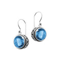Wholesale sterling silver halo earrings with Blue Quartz, polished finish, and earwire lock