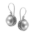 Sterling Silver Bali Handcrafted Round Drop Earrings With Mabe Pearl And Oxidized Detailing