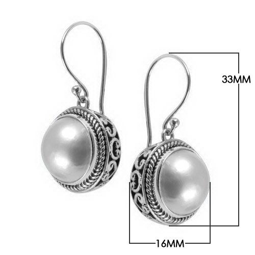 Sterling Silver Bali Handcrafted Round Drop Earrings With Mabe Pearl And Oxidized Detailing