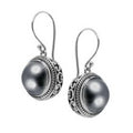 Wholesale sterling silver Grey Mabe Pearl earrings with structured frame and earwire lock.