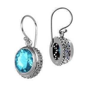 Wholesale sterling silver structured halo earrings featuring Blue Topaz Quartz with polished finish and earwire lock.