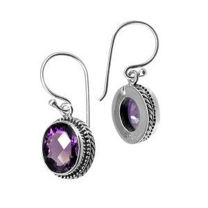 Wholesale sterling silver structured halo earrings with Amethyst Quartz and earwire lock.