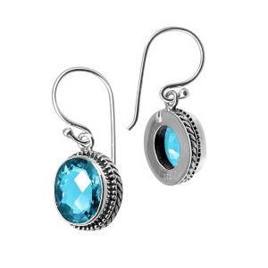 Wholesale sterling silver structured halo earrings featuring Blue Topaz Quartz with polished finish and earwire lock.