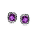Wholesale sterling silver Amethyst Quartz cushion stud earrings with polished finish and push-back lock.