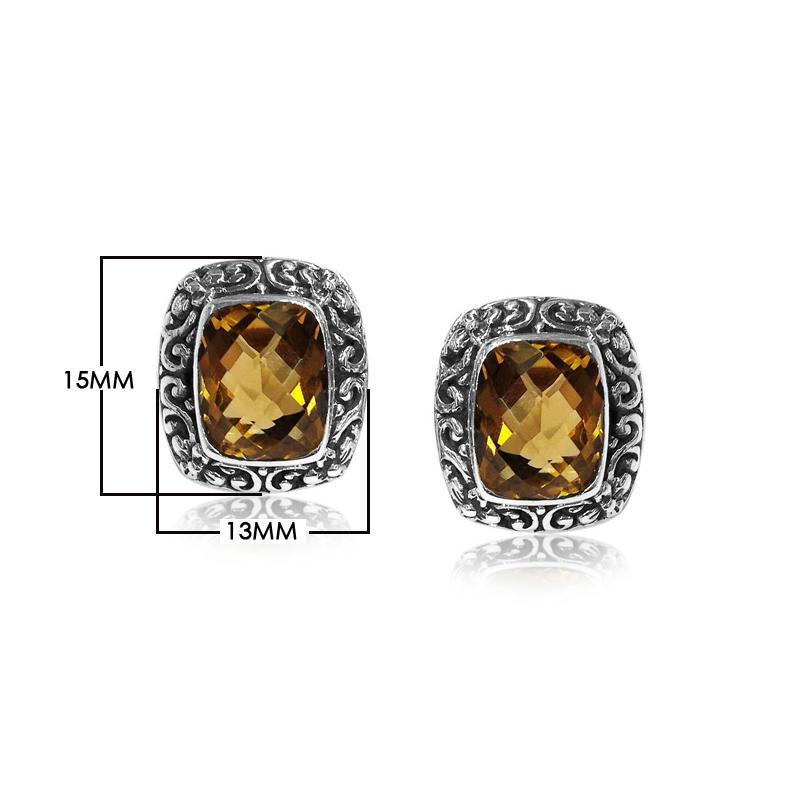 Wholesale sterling silver Citrine Quartz cushion stud earrings with polished finish and push-back lock.